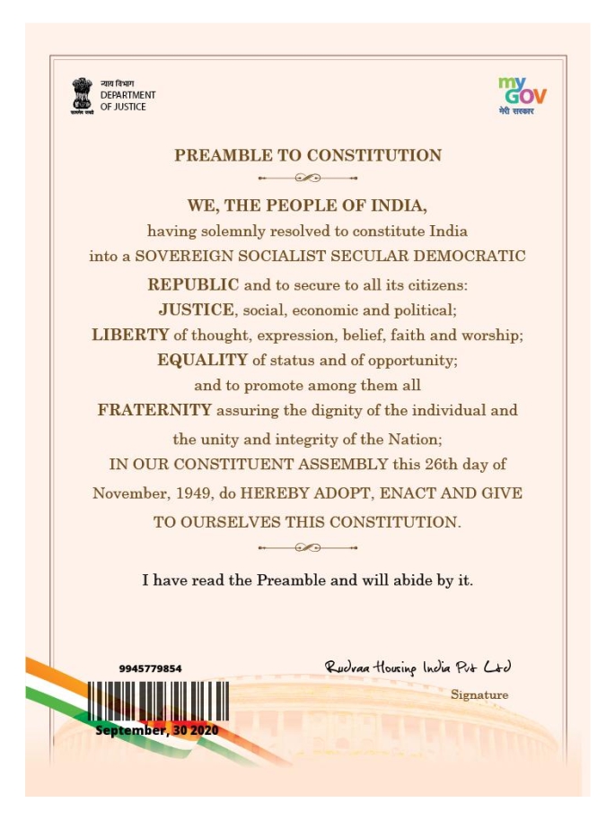 Preamble to Constitution Certificate for Ethical Property Development India